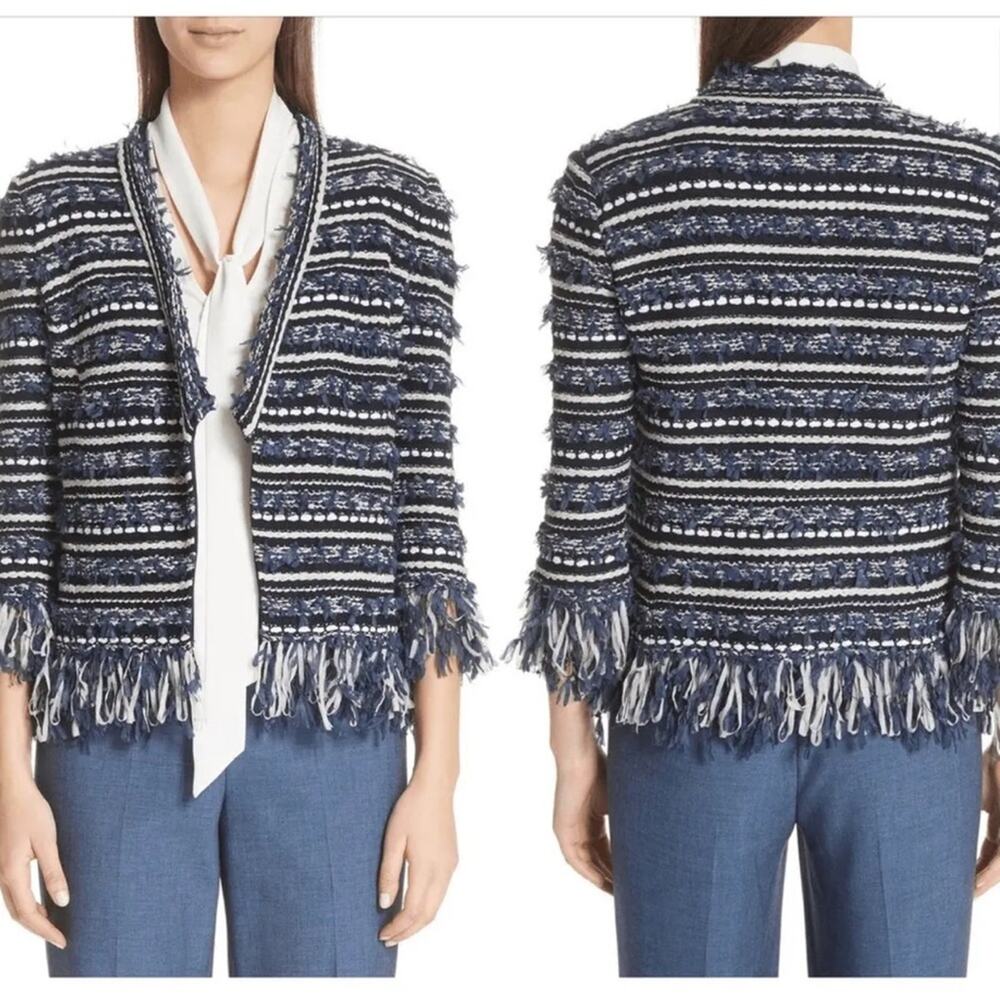 St. John Collection Lofty Floats 3/4 Sleeve Knit Jacket Blue White Size XL - Picture 2 of 11